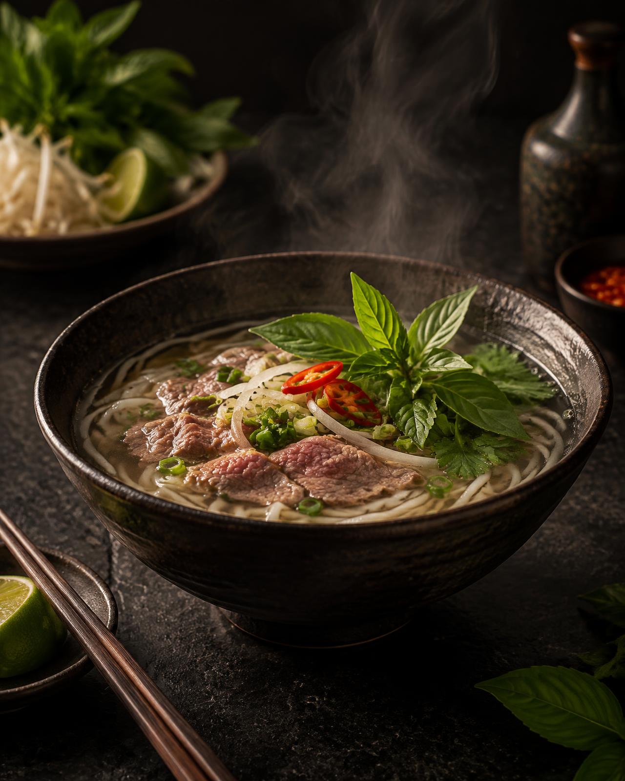 Dampfende Pho mit frischen Kräutern