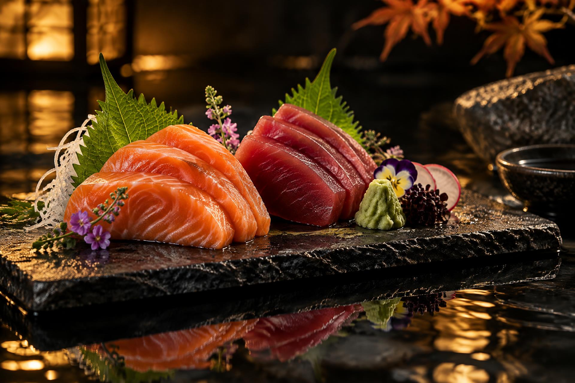 Sashimi auf schwarzem Stein im warmen Licht